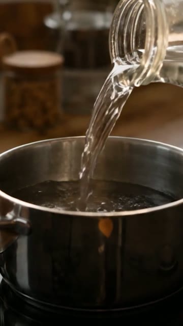 Standbild: Wasser wird aus einem Kessel in einen Topf gegossen, Makroaufnahme.